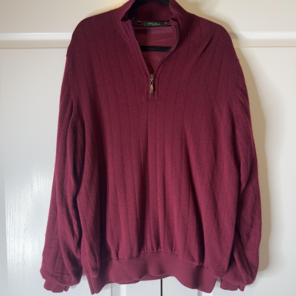 Bobby Jones Sweater Mens XL Red Extra Fine Merino Wool Knit Mock Neck 1/4 Zip